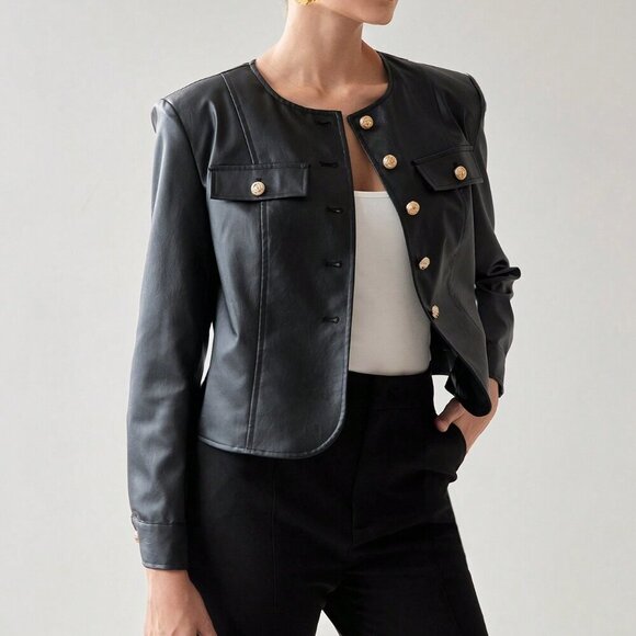 Jackets & Blazers - Black Elegant Women's Faux Leather Flap Detail Single Breasted Placket Jacket